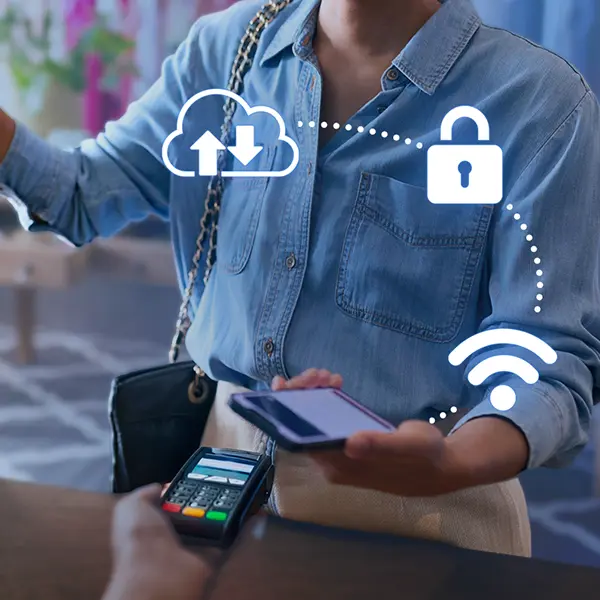 A shopper uses a mobile phone to make a payment at a checkout counter, with icons for cloud syncing, security, and Wi‑Fi overlaid on the scene.