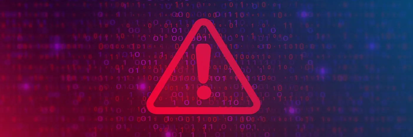 Red warning symbol with an exclamation mark over a background of digital binary code.