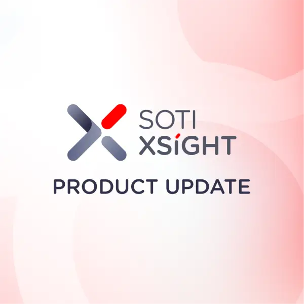 promotional graphic with the logo and words SOTI XSight Product Update, and a soft pink gradient background